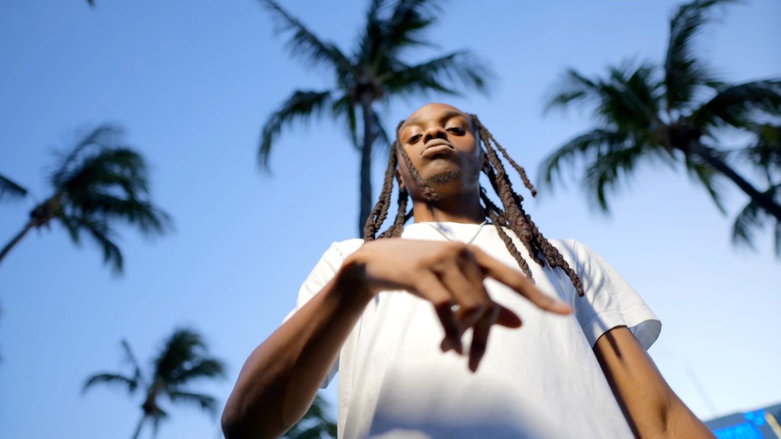 Low angle shot of Torch under palm trees against a blue sky, from the Rain video